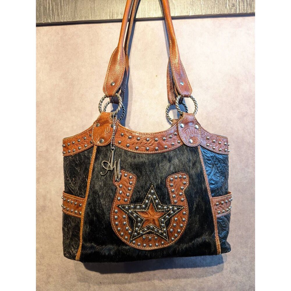 American West tooled leather faux fur shoulder bag